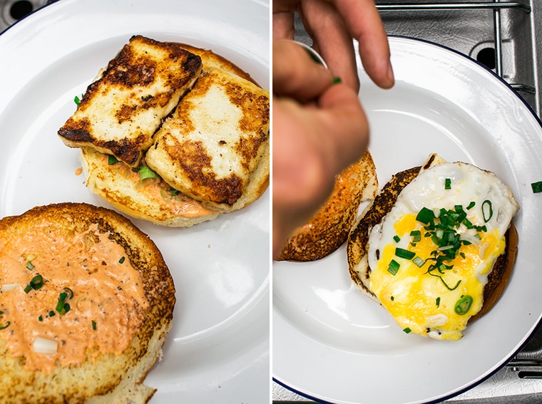 Michael making an egg breakfast sandwich