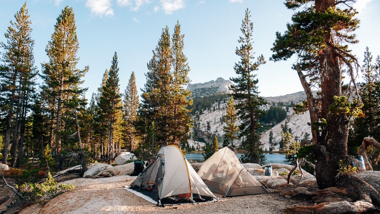 To backpacking tents set up at Cathedral Lake