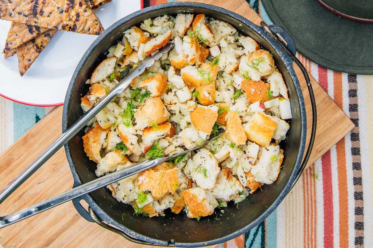 Apple fennel stuffing in a Dutch oven