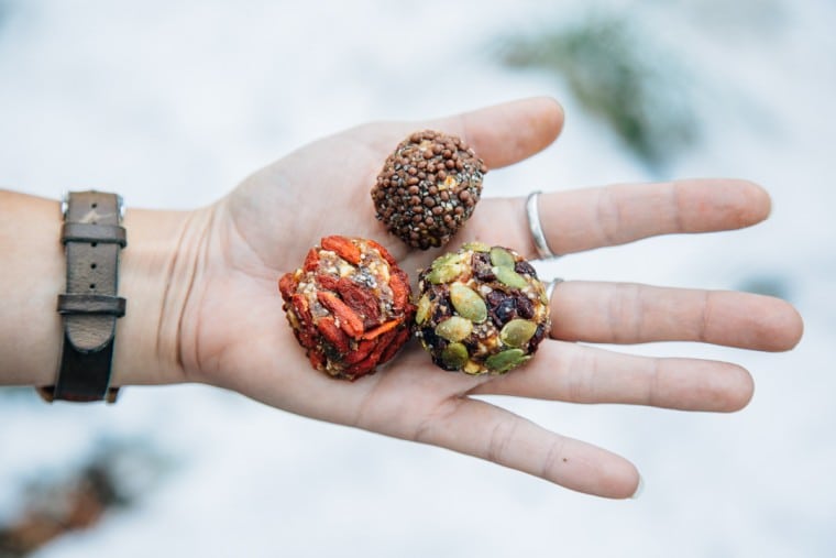 A woman's hand holding three trail mix bliss balls