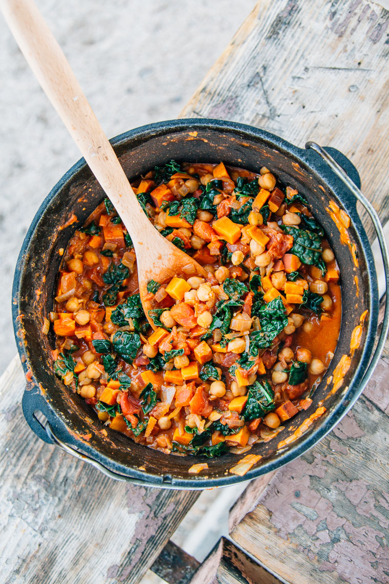 Chickpea sweet potato and peanut stew in a Dutch oven