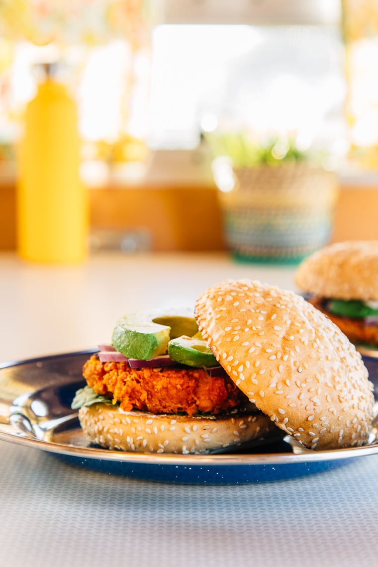 Sweet potato and bean burger on a plate