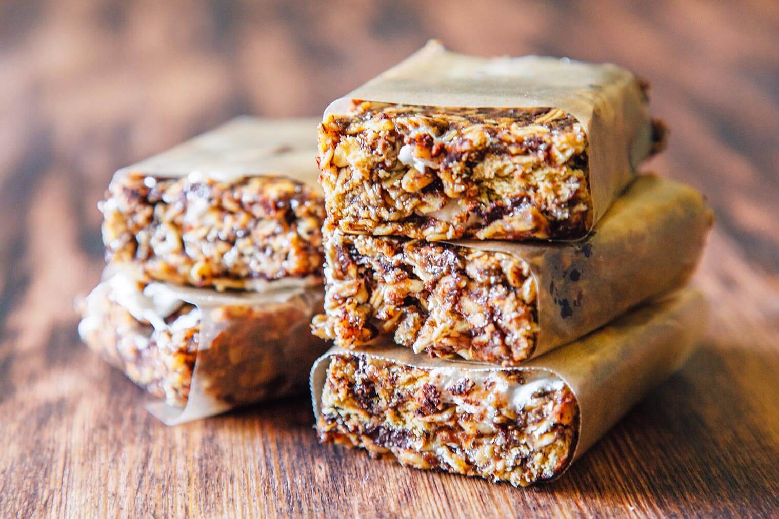 Find s'mores granola bars stacked on a table