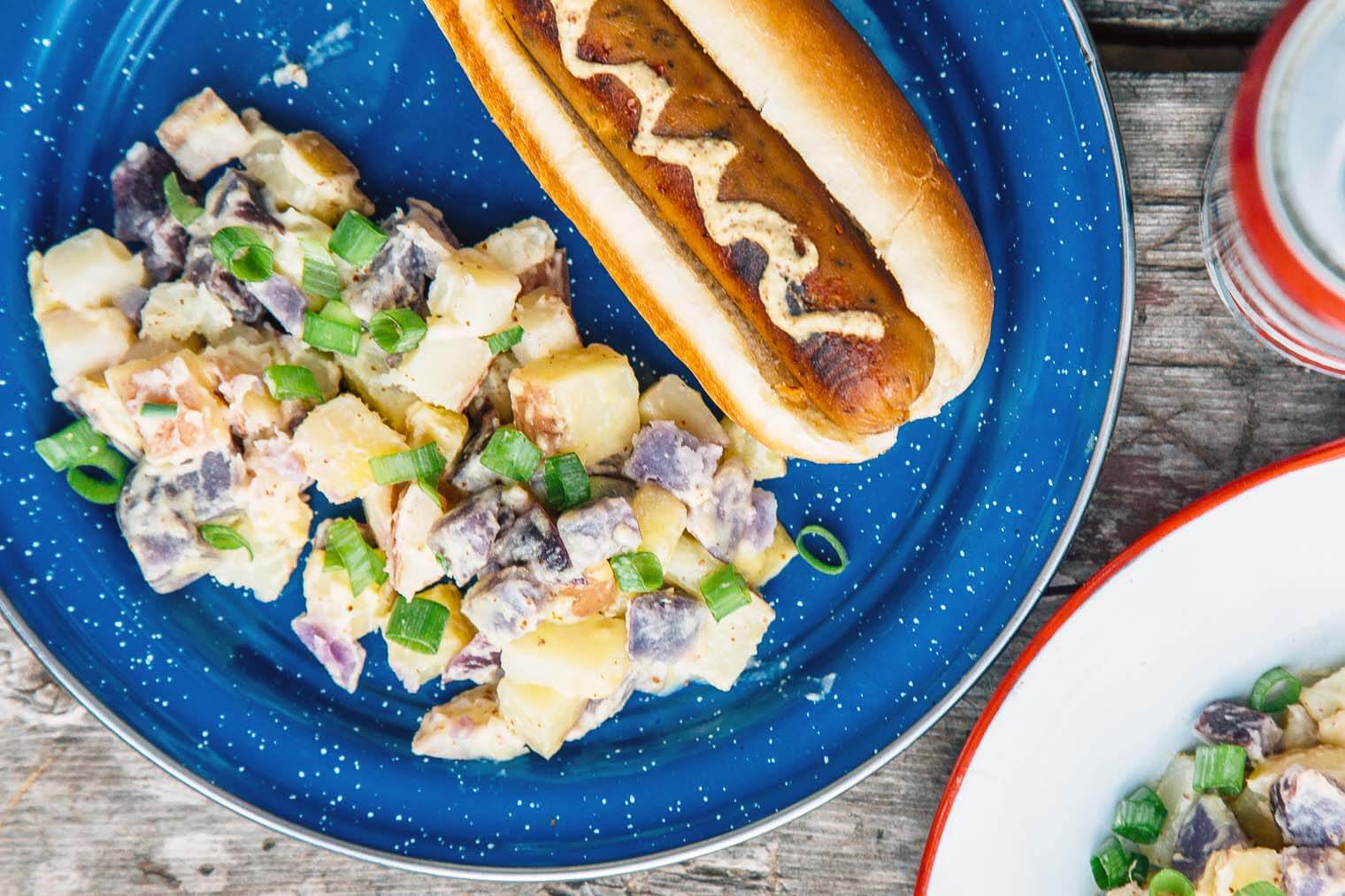 Potato salad and a hotdog on a blue plate