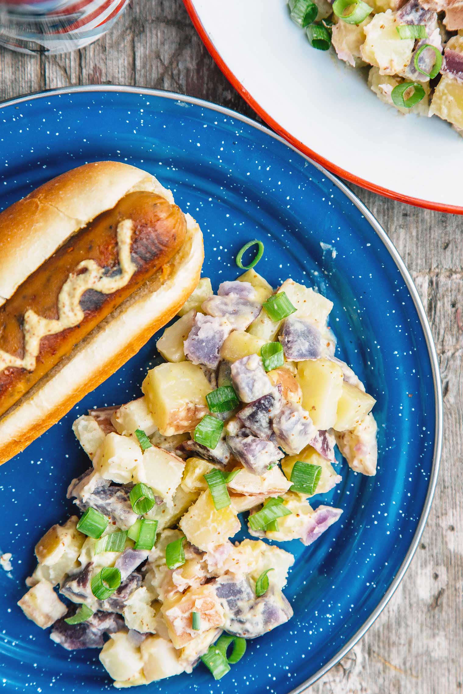 Potato salad and a hotdog on a blue camping plate