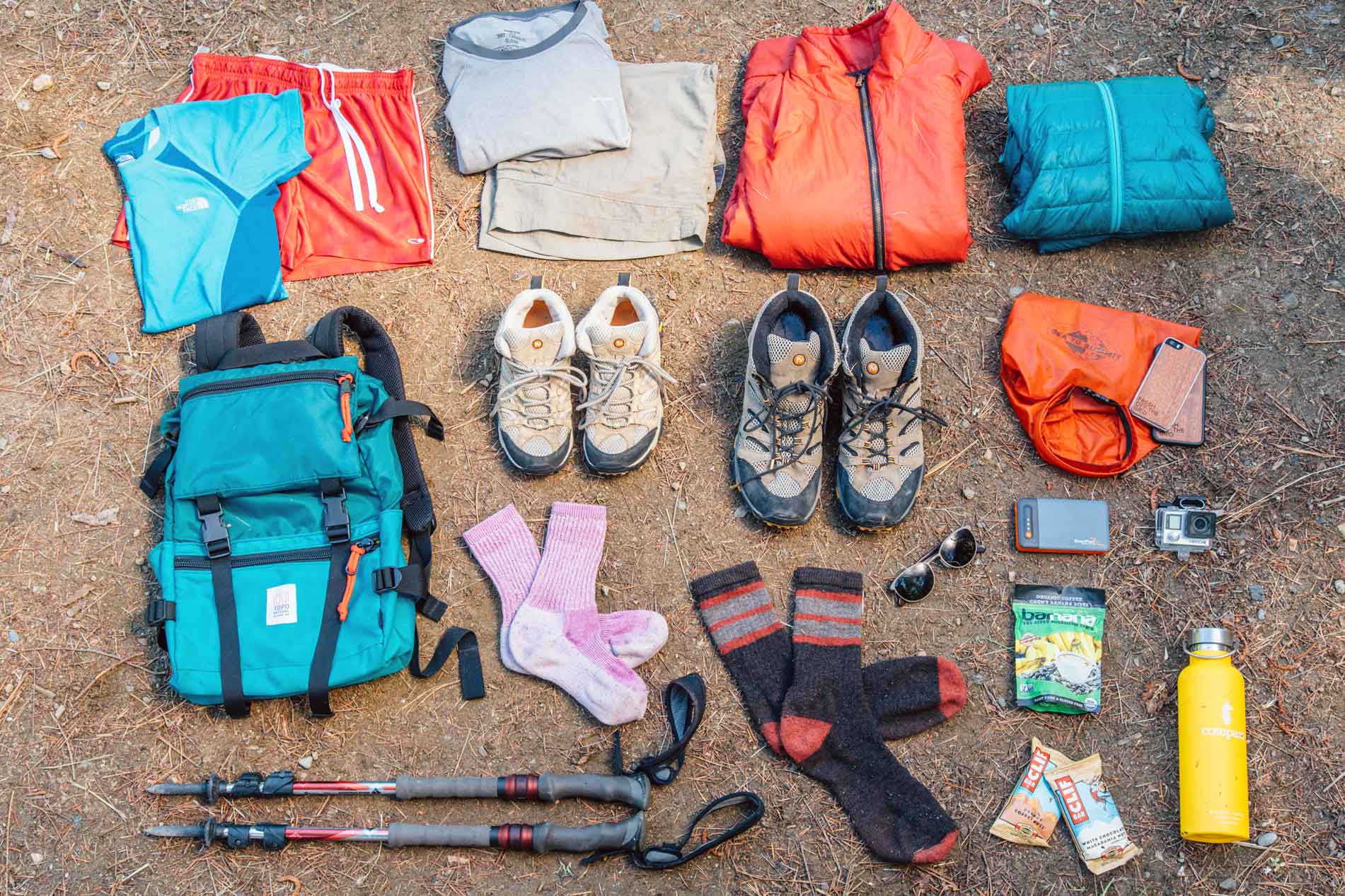Gear for hiking the Narrows laid out on the ground