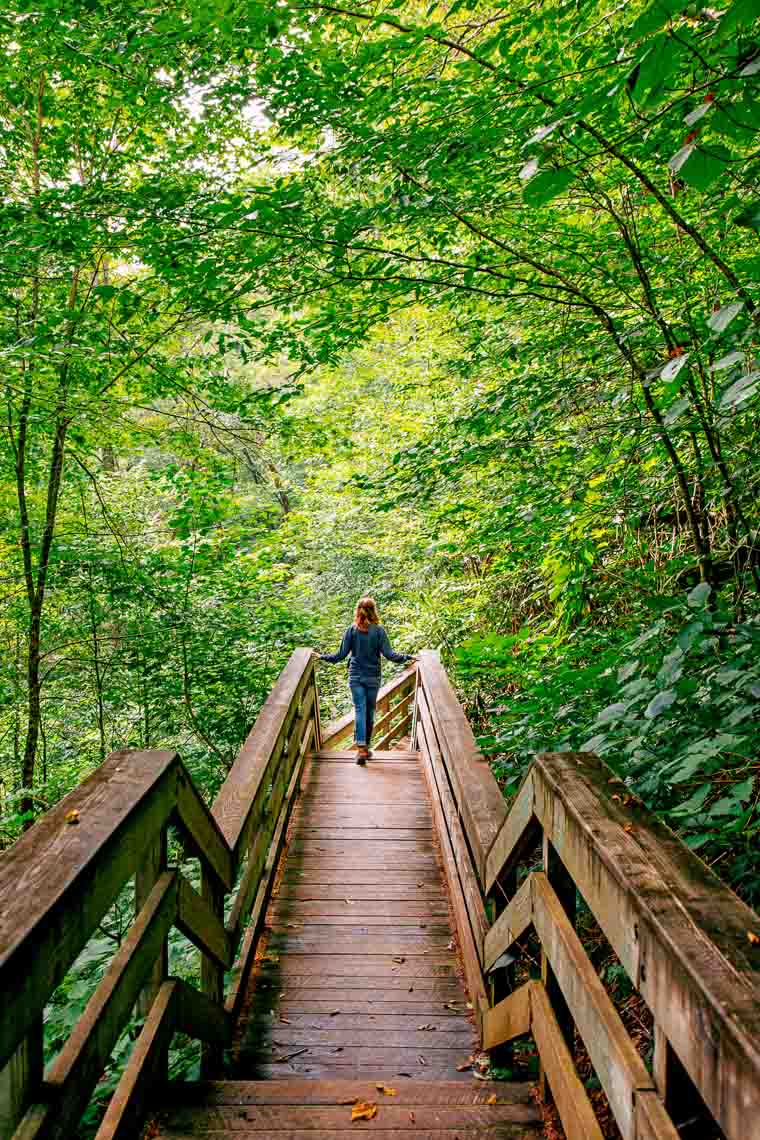 Megan on a wooden boardwalk on the Falls of the Hill Creek Waterfall Hike in West Virginia