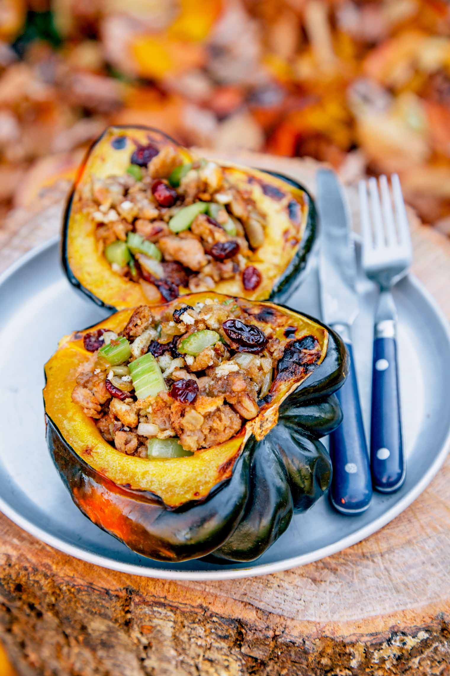 Two pieces of Roasted stuffed squash on a plate