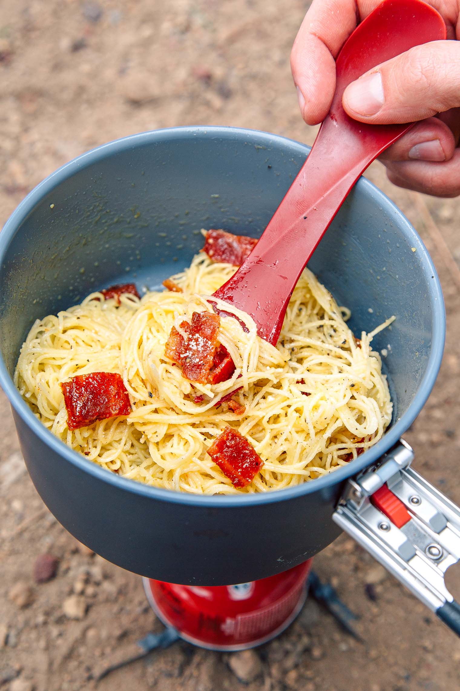 Pasta carbonara in a backpacking pot