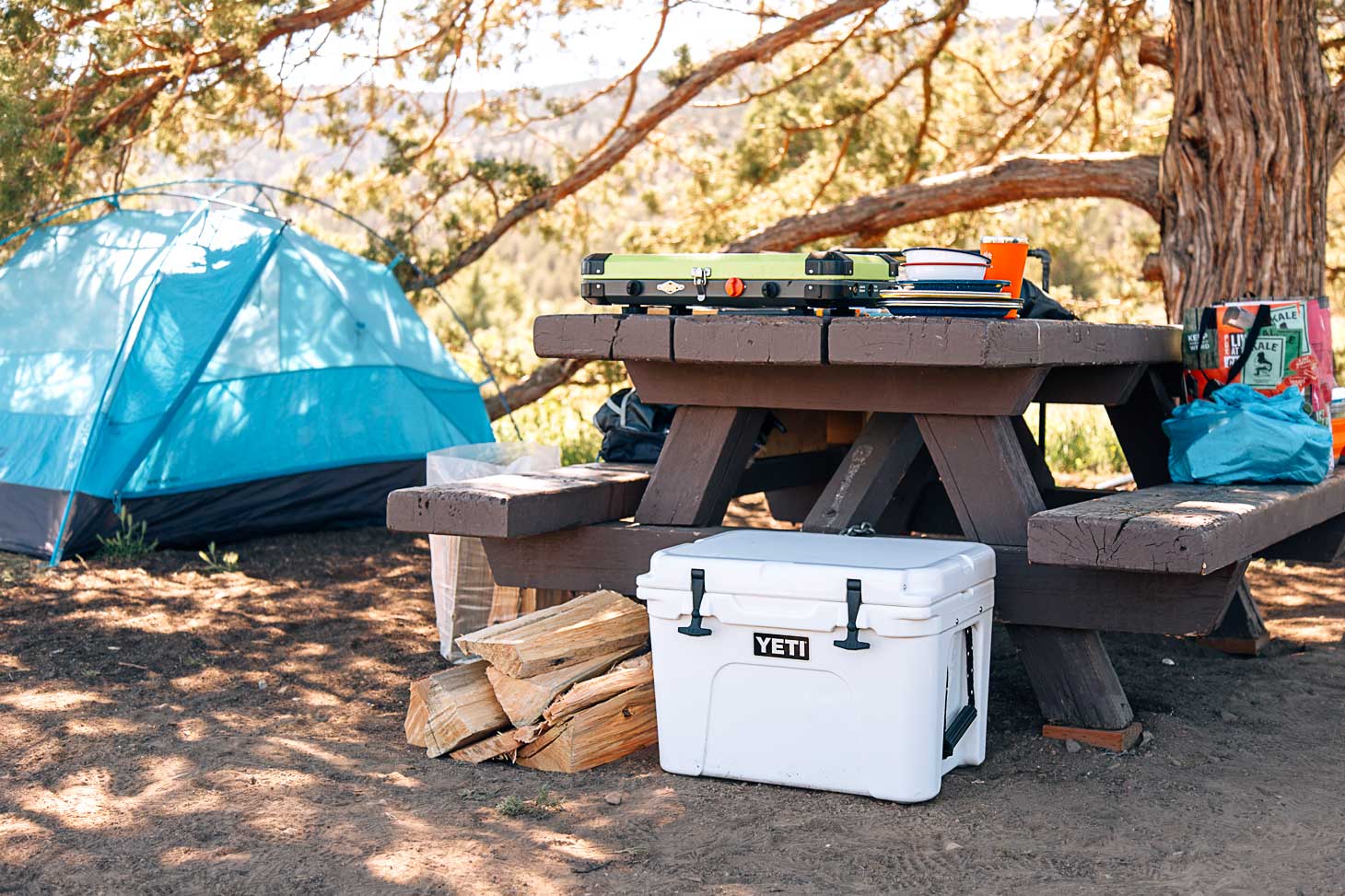 A cooler underneath a picnic table with a tent in the background.