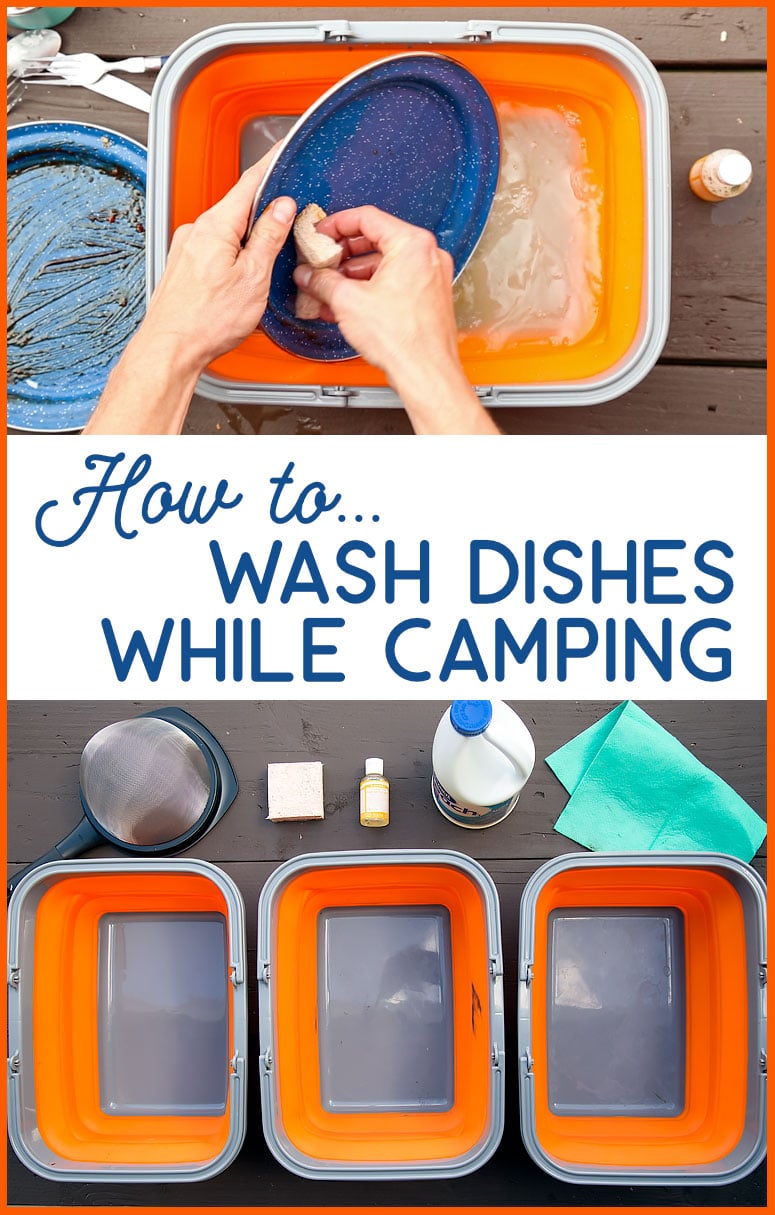 Learn how to do dishes while camping, including the equipment needed to set up a camping dishwashing station.