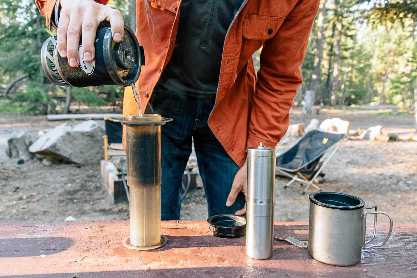 Michael making coffee using an arrow press