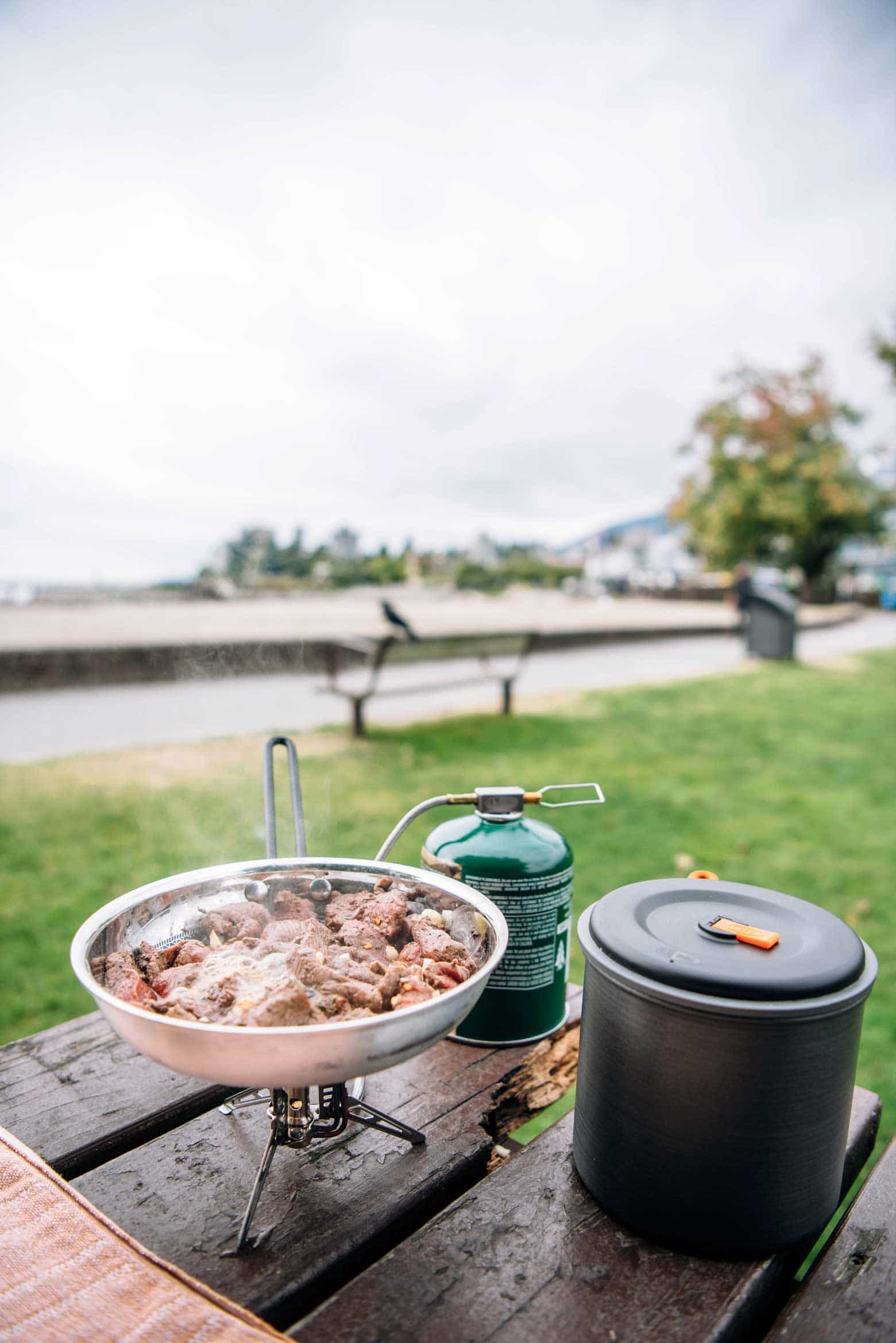 Cooking stir fry on a camp table