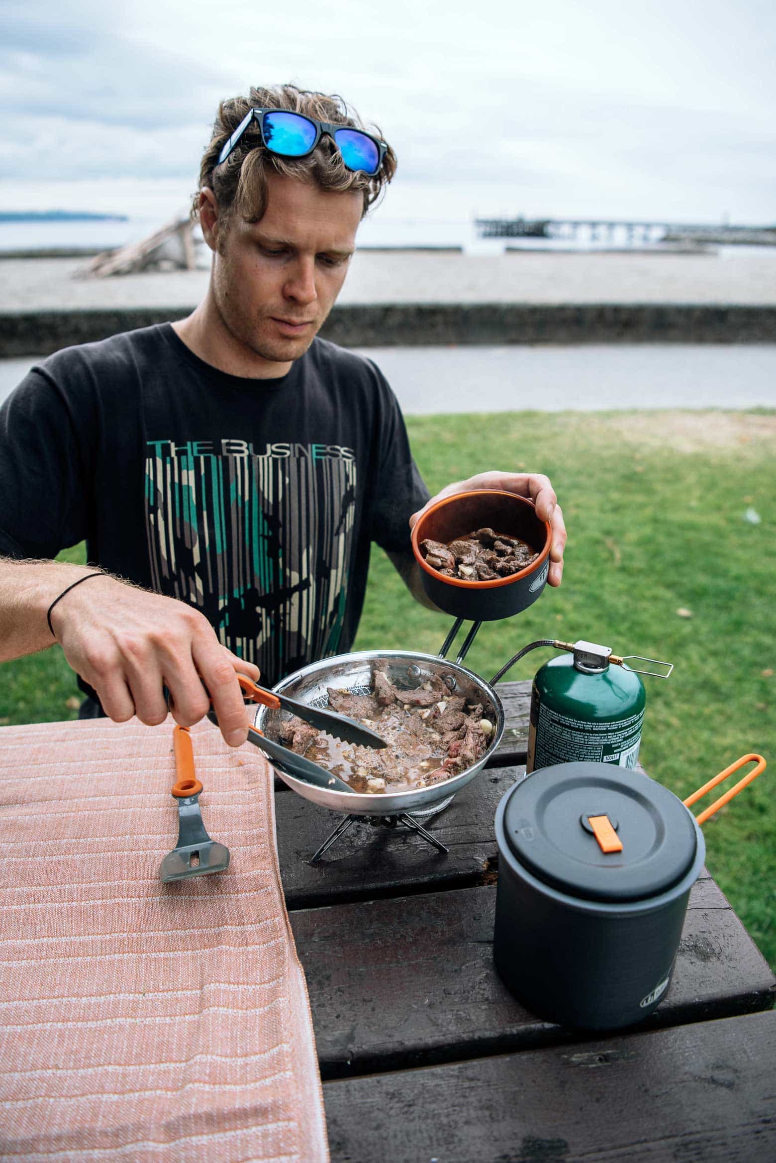 Cooking stir fry meat in a camp skillet