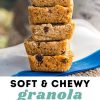 Pinterest graphic with text overlay reading "Soft and chewy granola bars. Perfect hiking snack!"