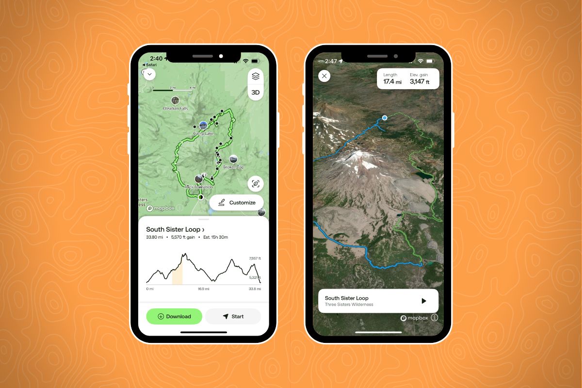 Two smartphones show a hiking trail app with green and blue trails; orange topographic lines fill the background.