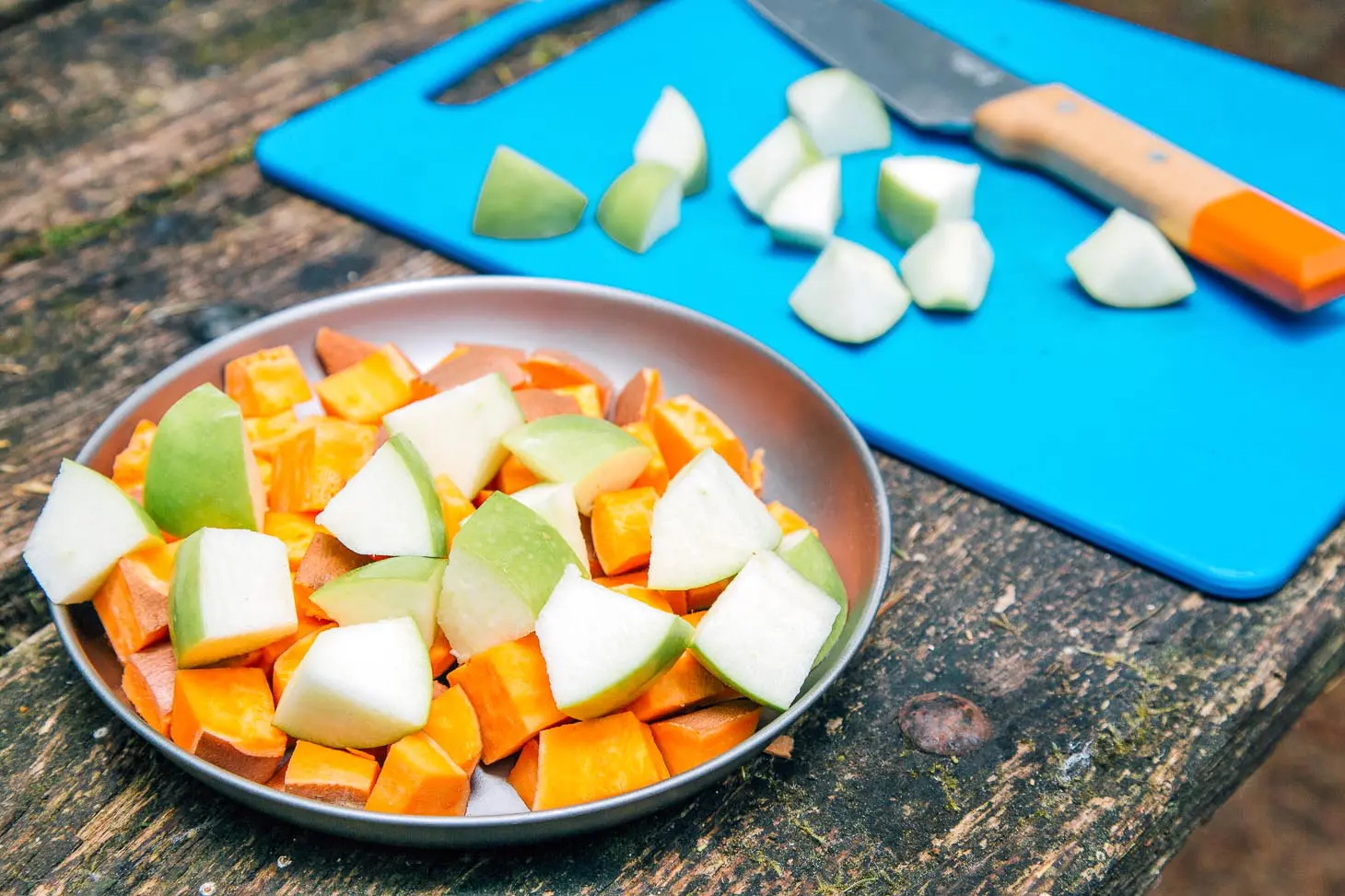 Chopped apples and sweet potatoes.