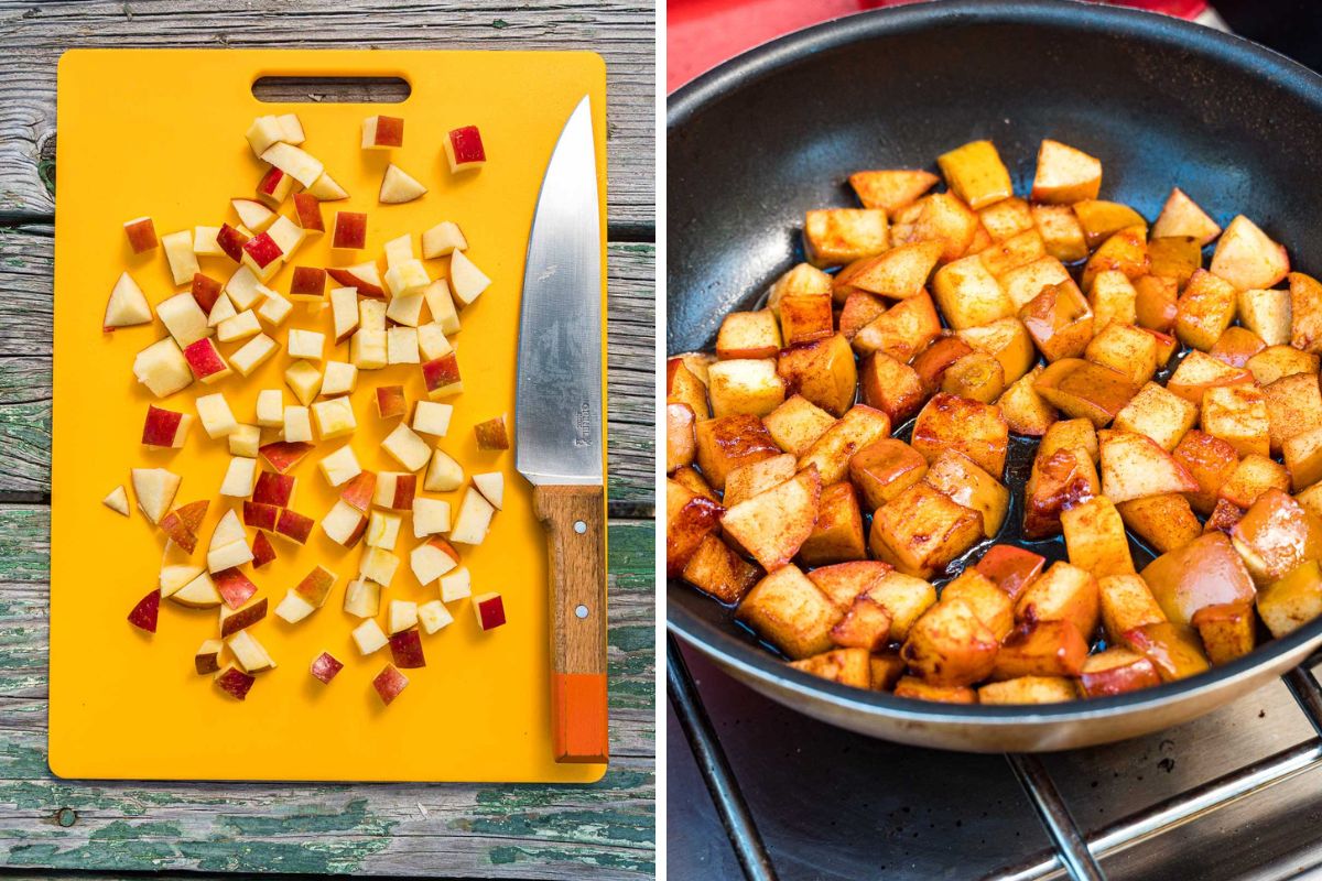 Left: Chopped apples on a cutting board. Right: Apples and cinnamon in a skillet.