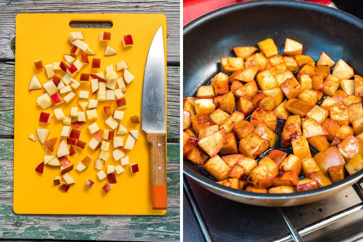 Left: Chopped apples on a cutting board. Right: Apples and cinnamon in a skillet.
