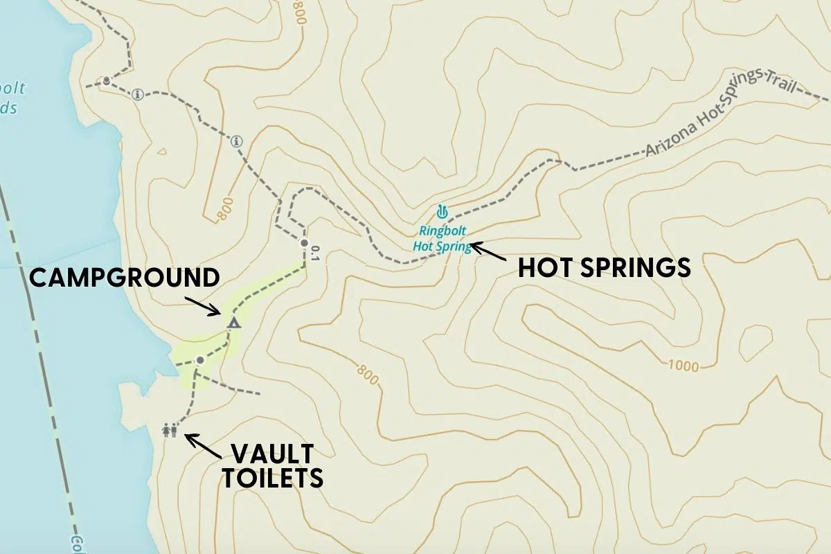 Topographic map with location of campground relative to the Arizona Hot Springs