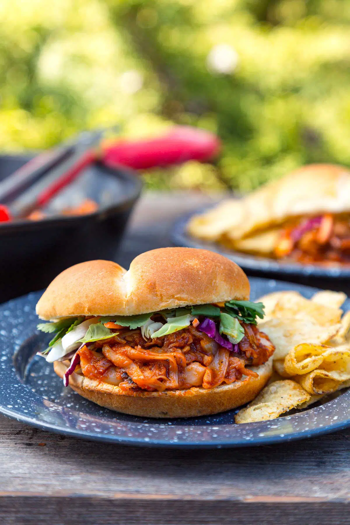 A BBQ Jackfruit Sandwich on a camping plate with a skillet in the background