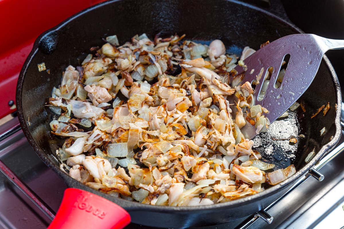 Jackfruit with browned and crisped edges in a cast iron skillet