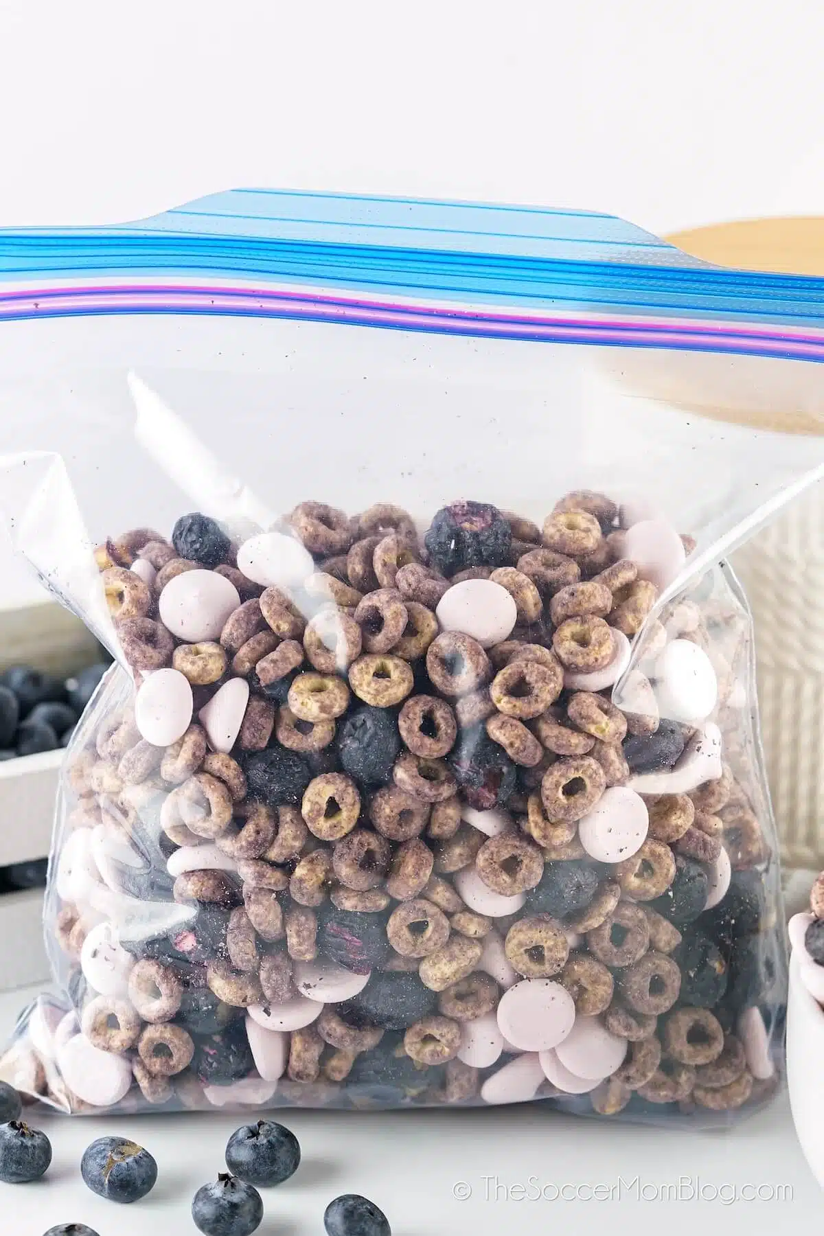 A plastic zip-lock bag is filled with multicolored cereal and fresh blueberries, additional blueberries are scattered around against a blurred background.