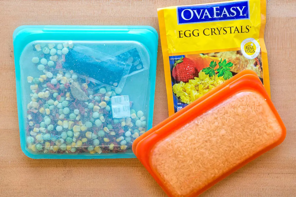 Backpacking fried rice ingredients in reusable bags