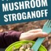 Pinterest graphic with text overlay reading "Backpacking Mushroom Stroganoff"
