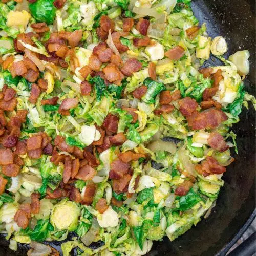 Brussels sprouts and bacon in a cast iron skillet