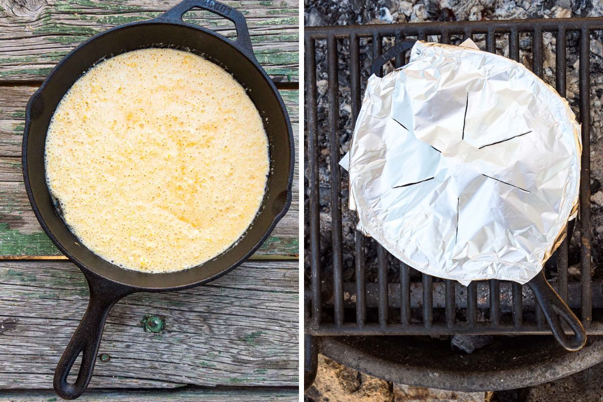 Steps to bake cornbread on the campfire