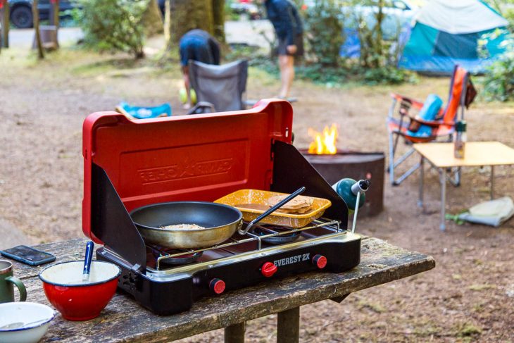 Skillet on a camp stove with a camping scene in the background.