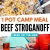 Pinterest graphic with text overlay reading "One pot camping meal beef stroganoff"