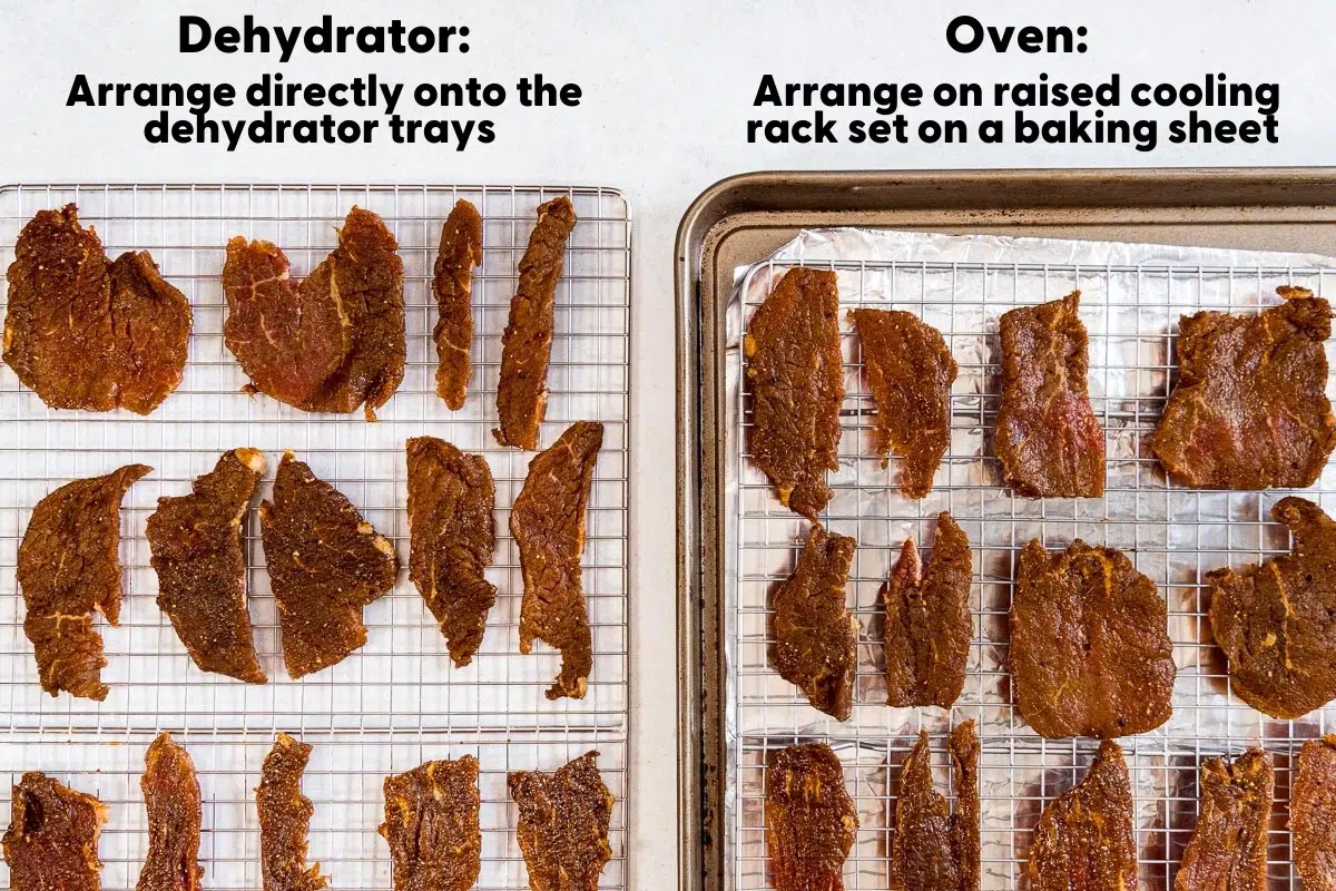 Jerky prepared for dehydrating. One reads "Dehydrator: Arrange directly onto the dehydrator trays." The other reds "Oven: Arrange on a raised cooling rack on a baking sheet"