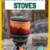 Pinterest graphic with text overlay reading "Best Lightweight Backpacking Stoves"