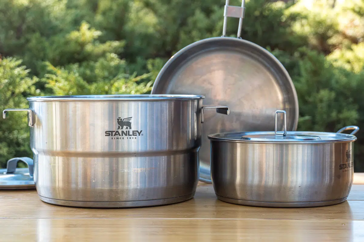 Stanley camping cookware set with two pots and a pan