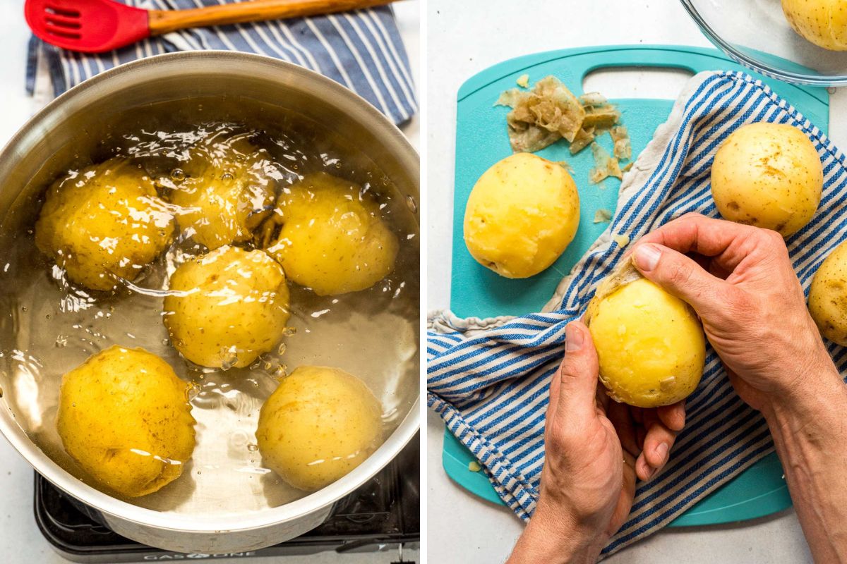 Left: Potatoes in a pot of boiling water. Right: Peeling cooked potatoes