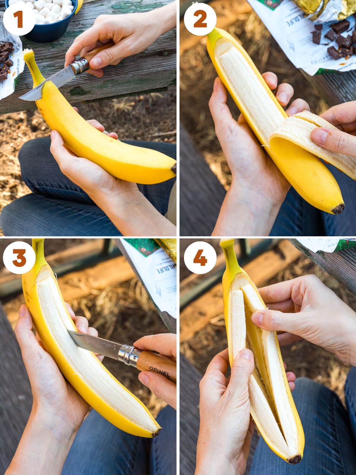 Cutting a banana down the middle