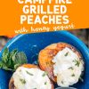 Pinterest graphic with text overlay reading "Campfire grilled peaches with honey yogurt"