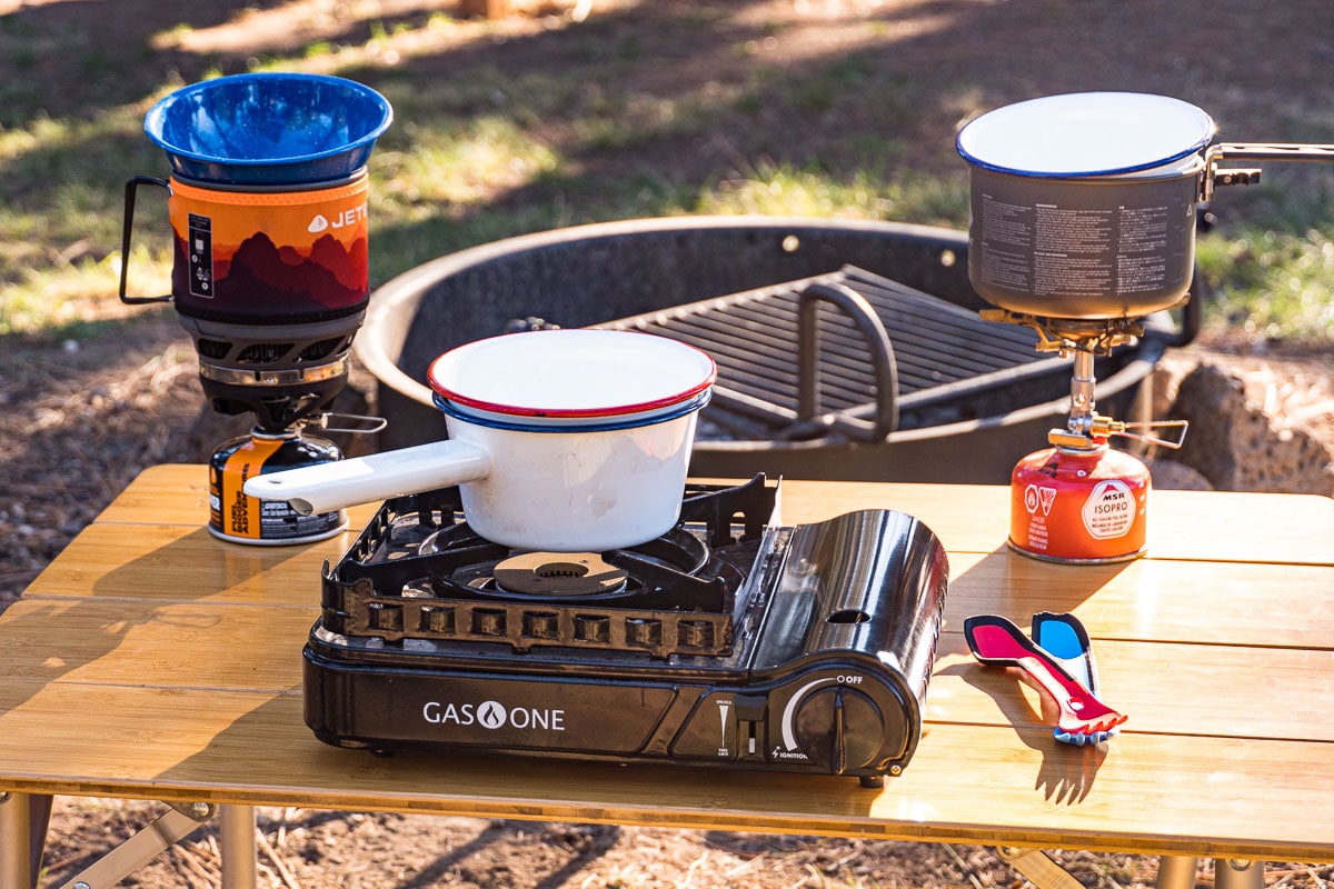 Pot and bowl on a camp stove