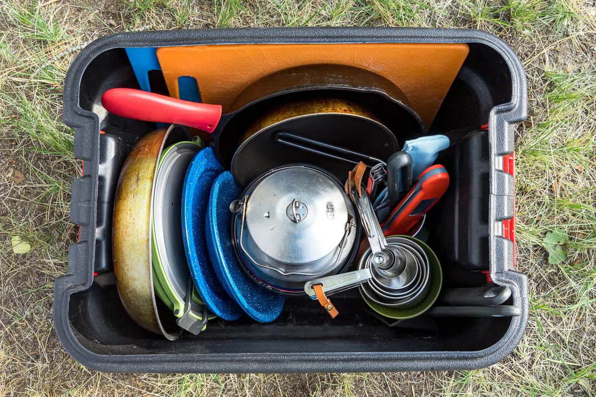 Camping cookware organized in an action packer box