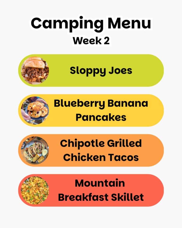 A camping menu for week 2 features images of Sloppy Joes, Blueberry Banana Pancakes, Chipotle Grilled Chicken Tacos, and Mountain Breakfast Skillet on colored backgrounds.