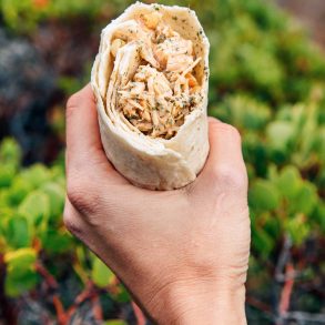 Woman holding a cashew chicken salad wrap