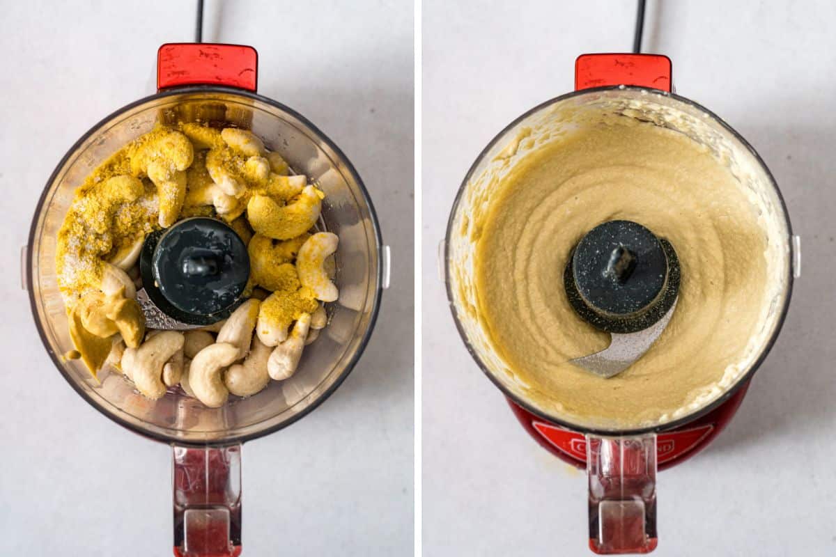 Cashews in a food processor before and after blending