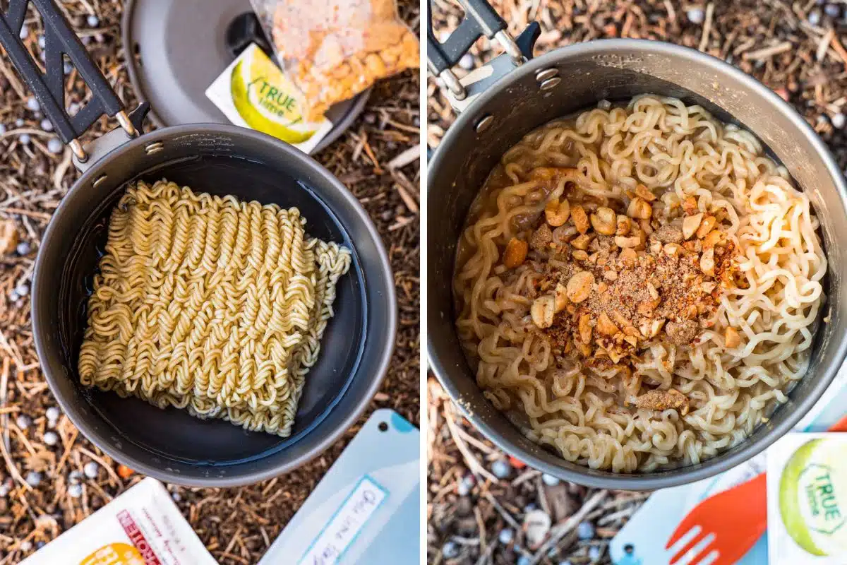 Left: Ramen noodles in a backpacking pot. Right: Cooked noodles in a pot with seasonings and chopped peanuts.