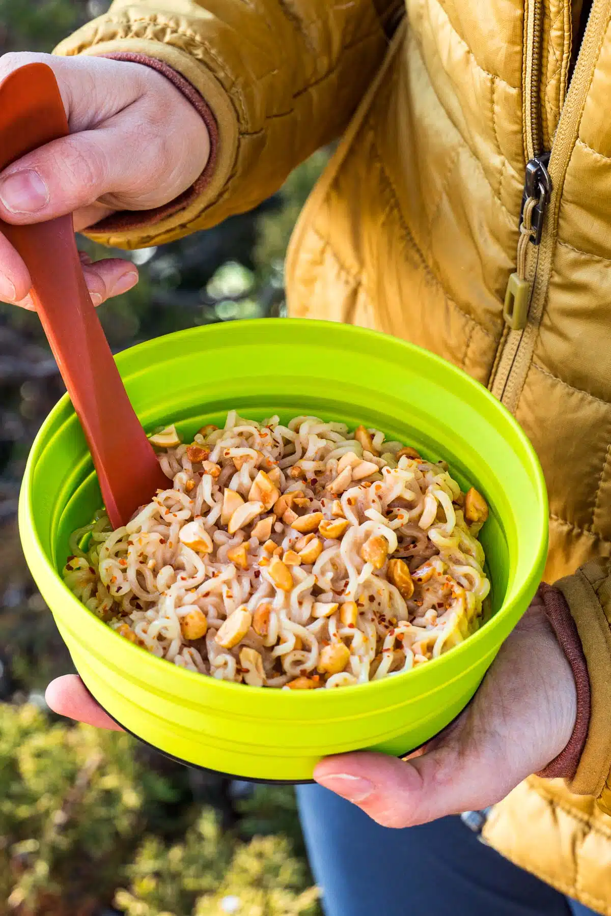 A person holding a bowl full of noodles with peanut sauce.