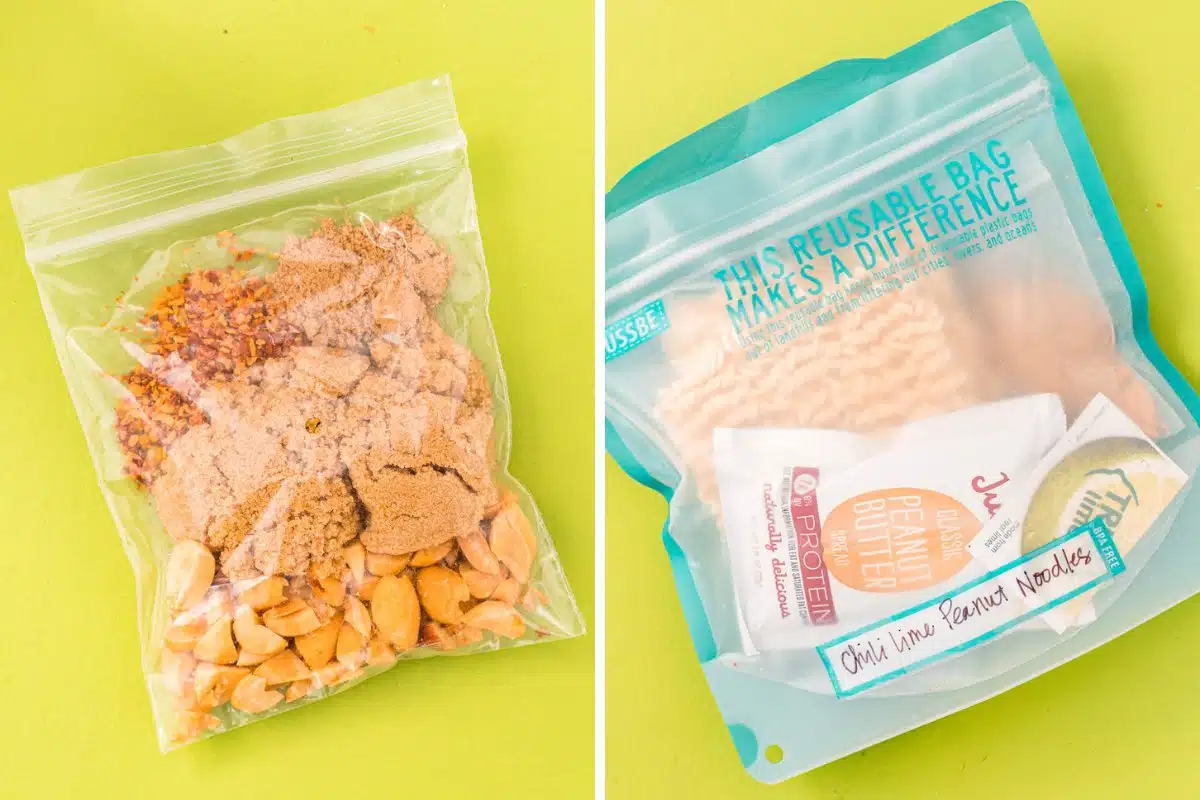 Left: Spices, brown sugar, and peanut in a small baggie. Right: All ingredients in a zip top bag.