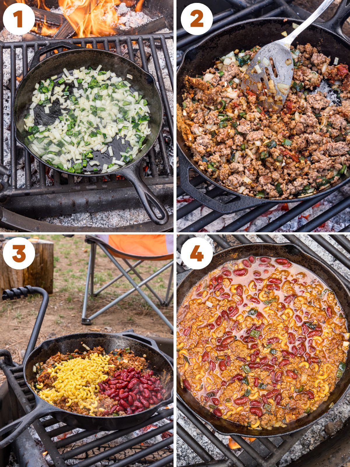 Step by step depictions of cooking chili mac