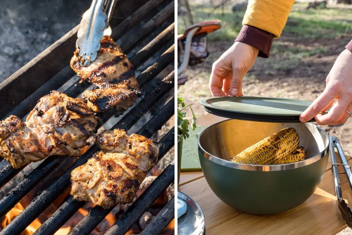 Left: Three chicken thighs on a campfire grill. Right: Megan placing a lid over a large bowl containing grilled corn