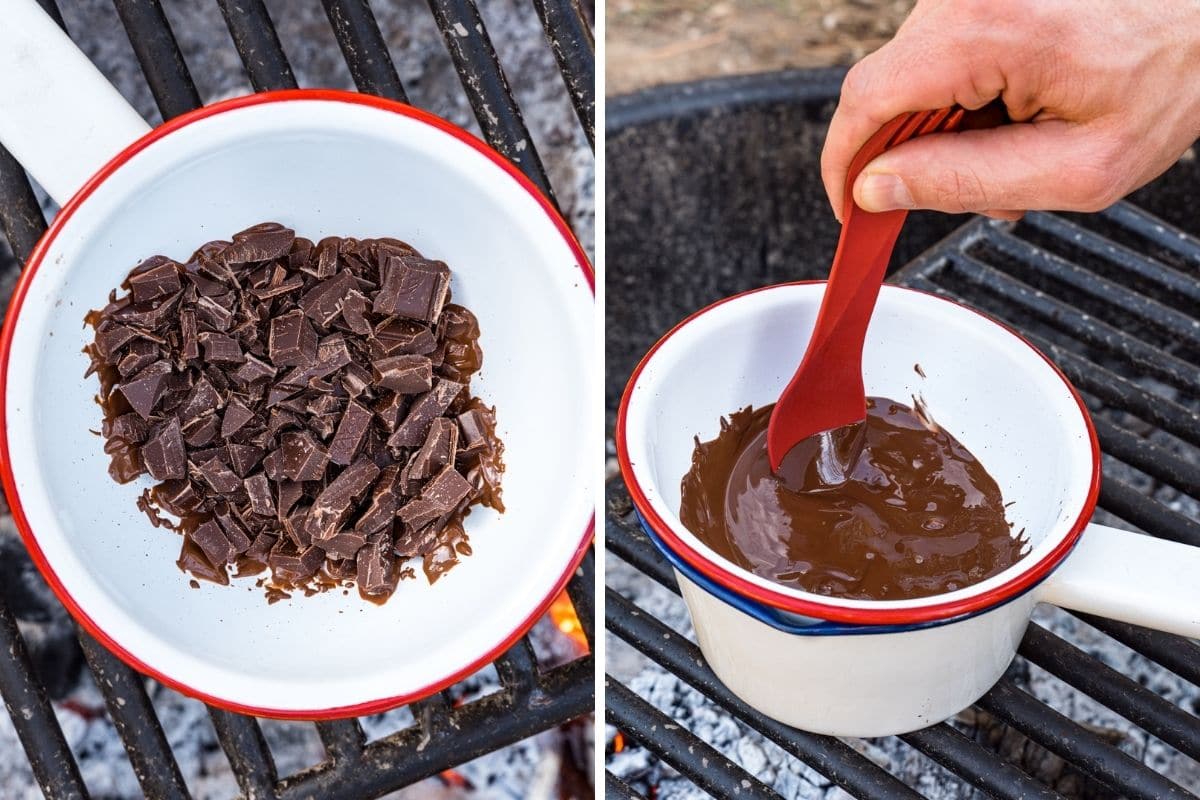 Making chocolate fondue over a campfire